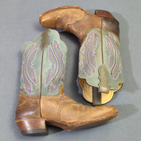 Justin Boots Women's 10B Brown With Green/Pink Uppers Western Heeled L2675 - Picture 3 of 12